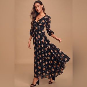 Free People Sea Glass Floral Puff Sleeve CottageCore Maxi Dress Black (size 0)